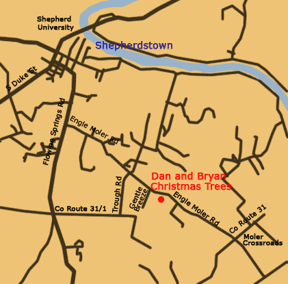 Map to Dan and Bryan's Christmas Tree Farms and Sundback Trees in Shepherdstown, West Virginia, in the northeast corner of the state.  