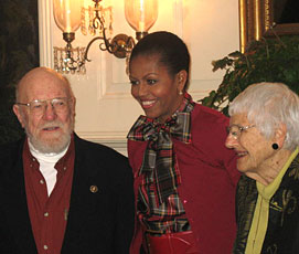 First Lady Michelle Obama visits with Eric and Gloria Sundback when they deliver the 2009 White House Christmas Tree from Dan and Bryan's Christmas Trees.